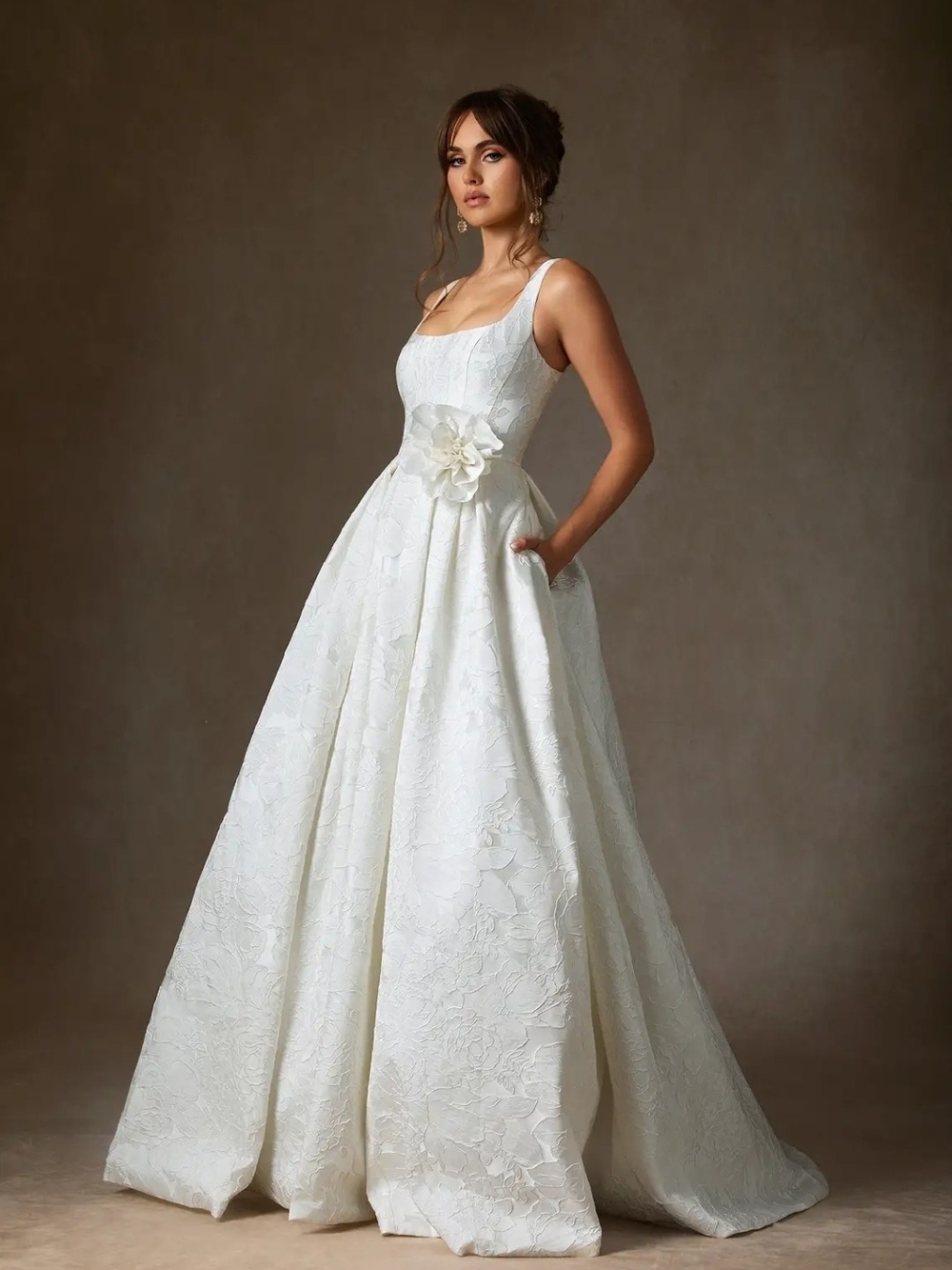 Azazie Ruby Diamond White Ball Gown with Pockets Floral Jacquard Dress